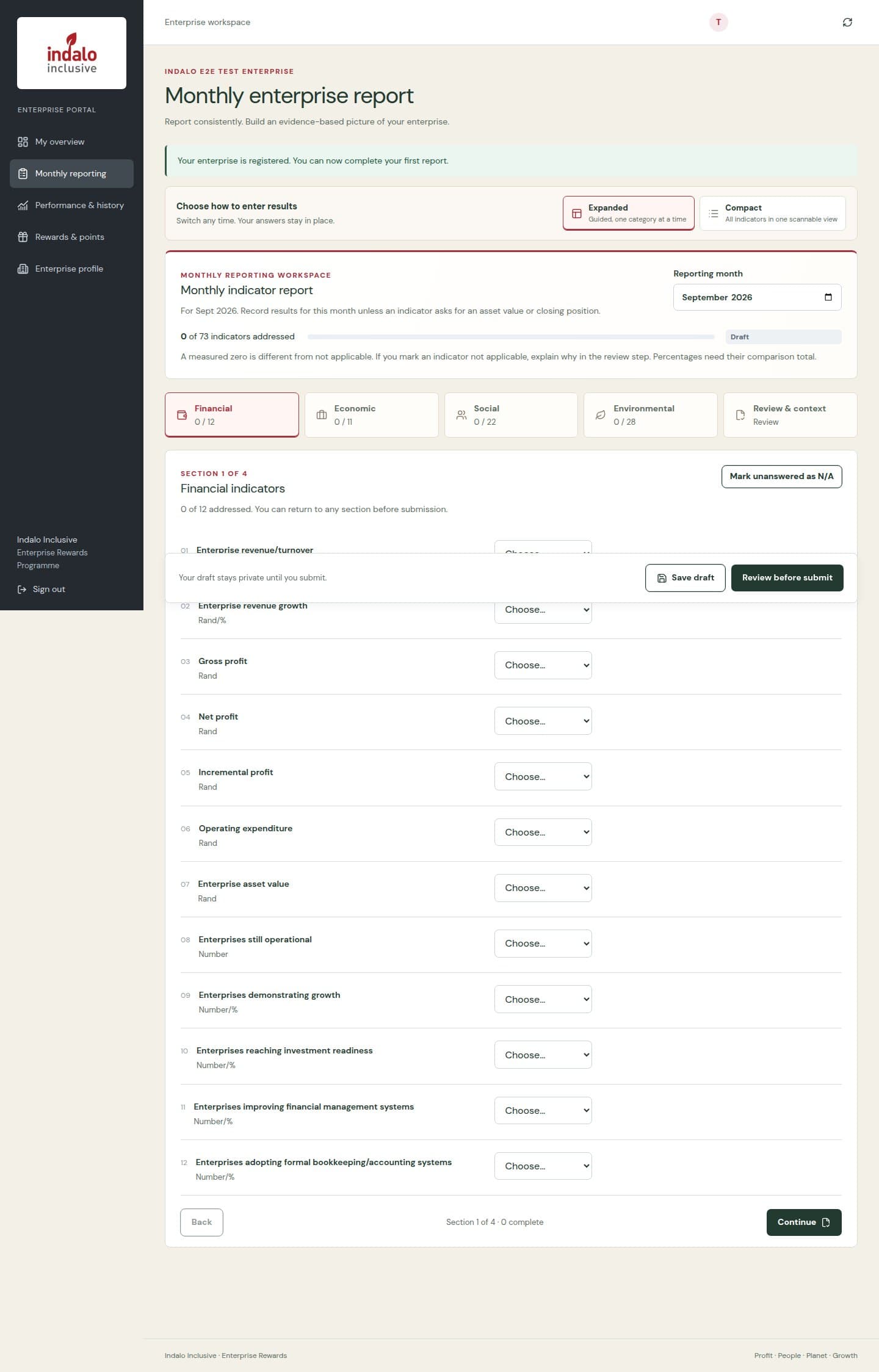Guided monthly report with category progress and indicator fields